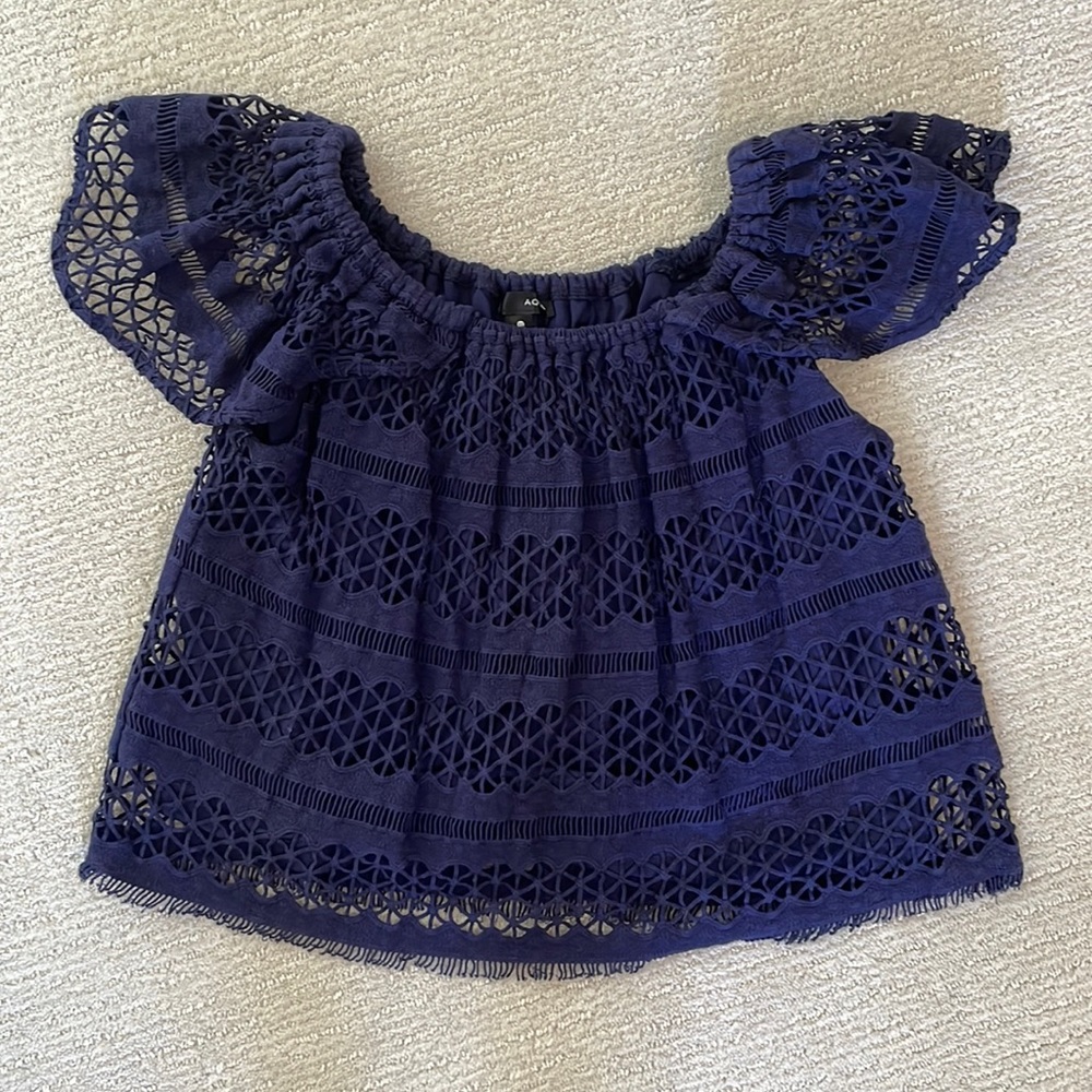 Aqua Off the Shoulder Navy Blue Eyelet Top, size XS